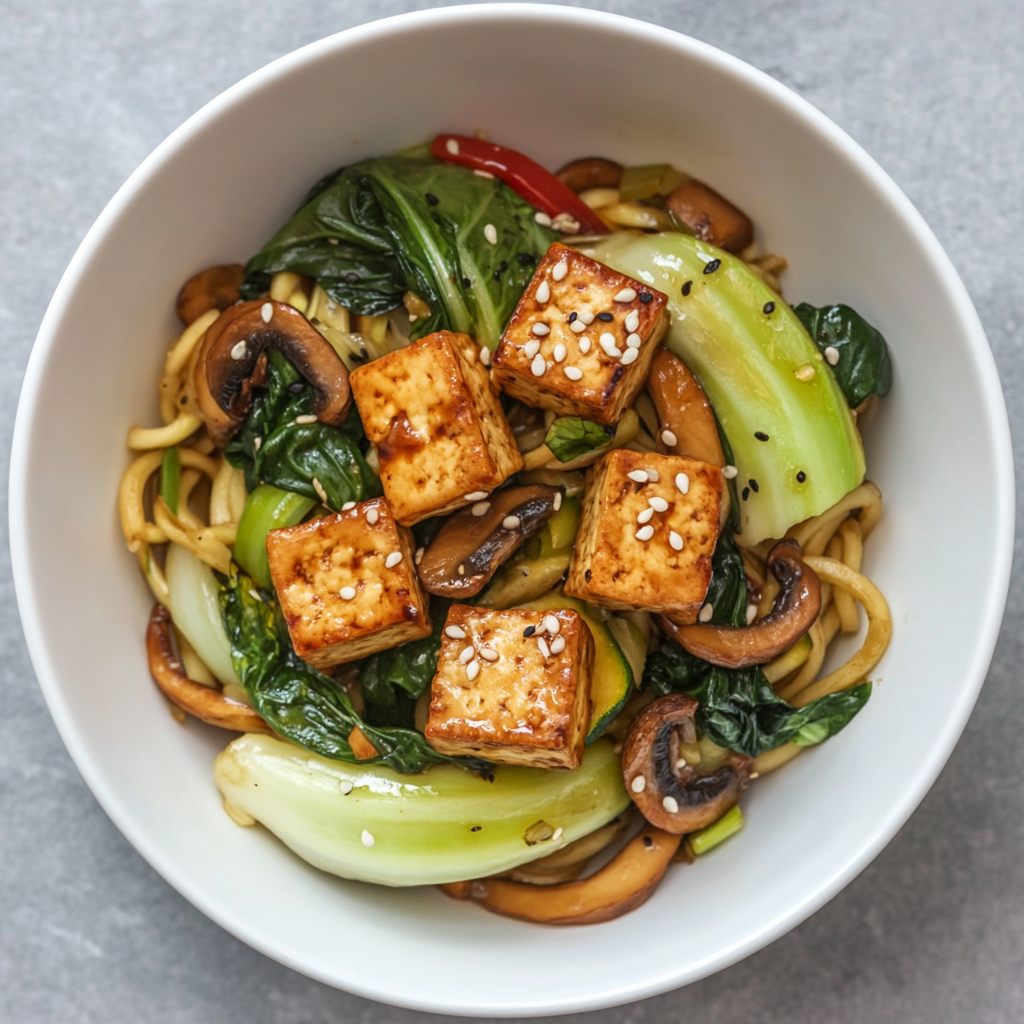 Aziatische zomerse wok met paksoi, shiitake en tofu