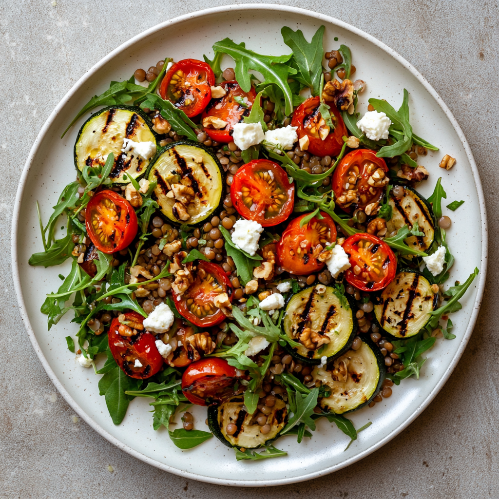Gegrilde courgette met linzensalade en feta
