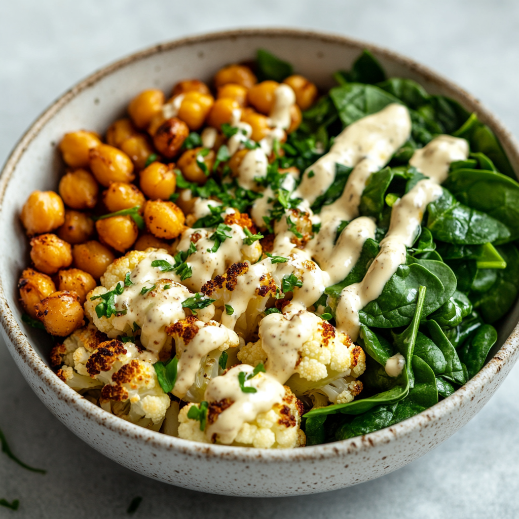 Bowl met geroosterde bloemkool, kikkererwten en tahin-citroensaus