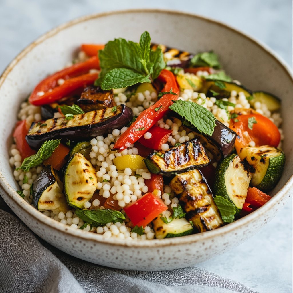 Gegrilde groenten met parelcouscous en citroendressing