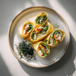 Aziatische omelet-wrap met zeewier en kabeljauw