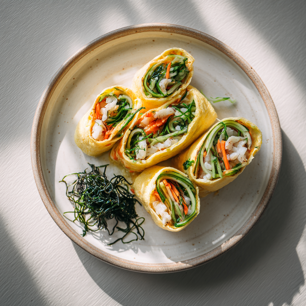Aziatische omelet-wrap met zeewier en kabeljauw