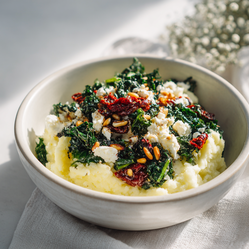 Boerenkoolstamppot met feta en zongedroogde tomaat