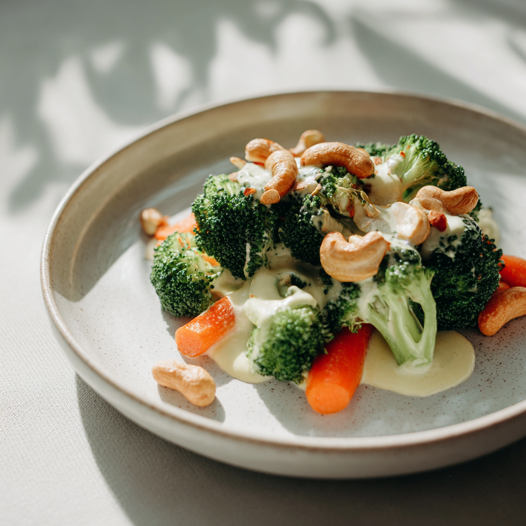 Broccoli in kaassaus met wortel en cashew