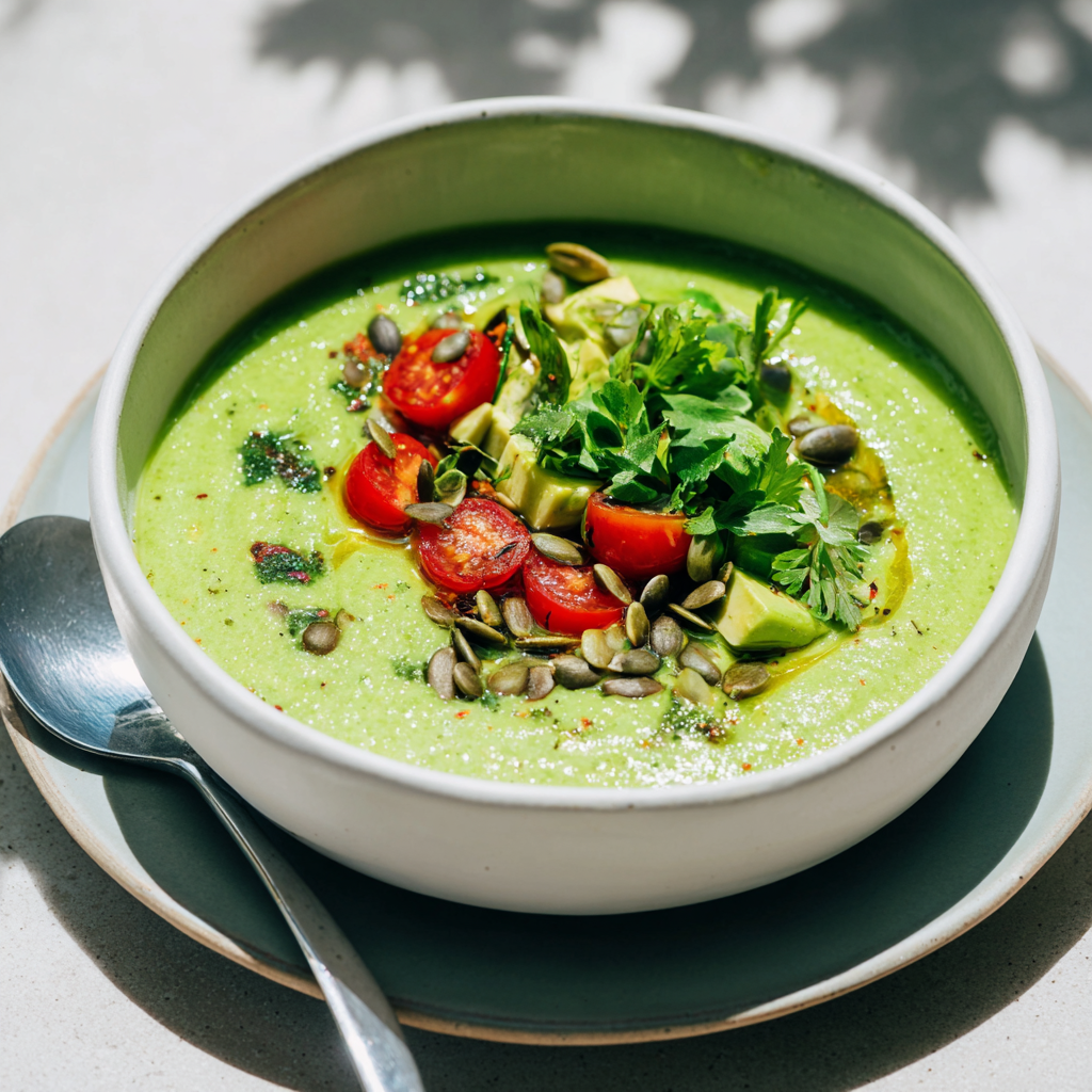 Koude groene gazpacho met komkommer en spinazie