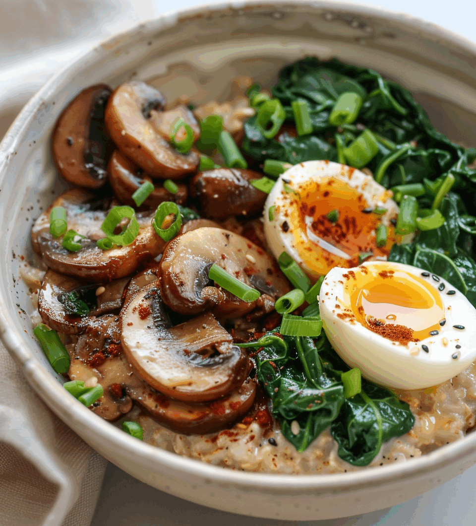 Hartige havermout met spinazie, champignons en ei