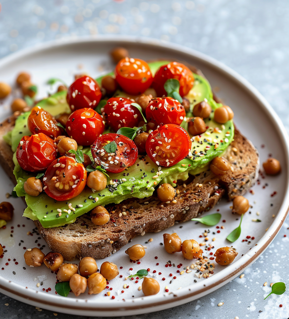 Avocado toast met geroosterde kikkererwten en tomaat