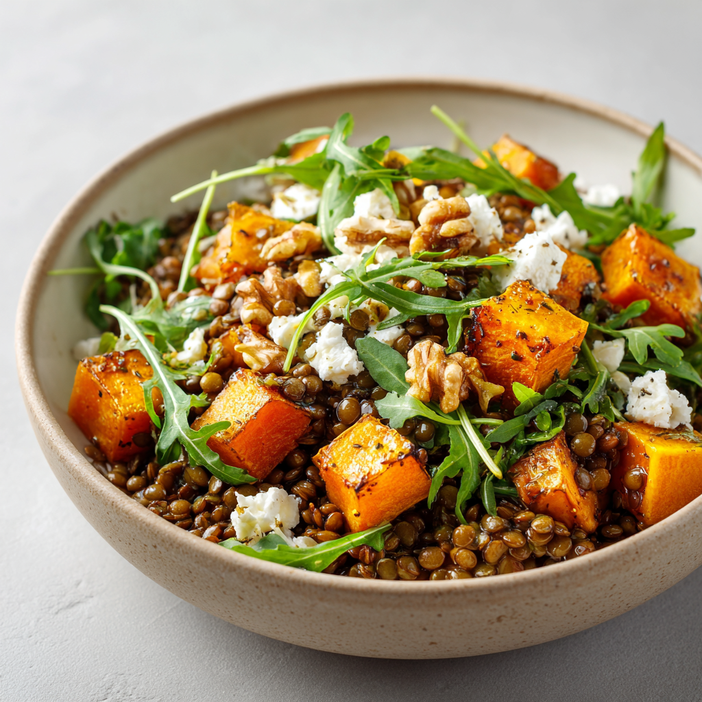 Pompoen-linzensalade met feta en walnoot
