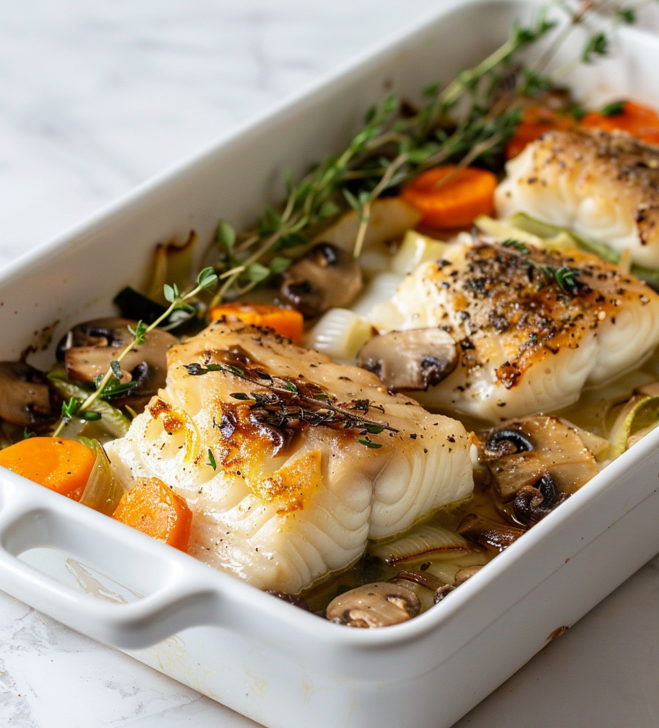 Ovenschotel met kabeljauw, prei en paddenstoelen