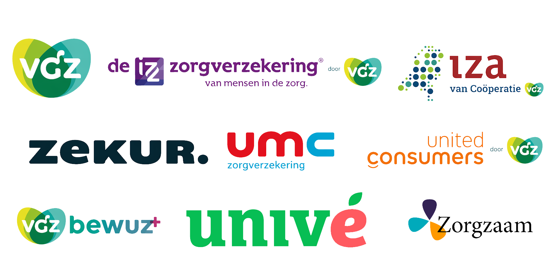 VGZ, IZZ, IZA, Zekur, UMC, United Consumers, Univé, VGZ bewuzt